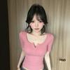 Sweet Spice Girl Pink U Button Collar Medium Sleeve T-Shirt Women's Summer New Slim Skinny White Pretty Top