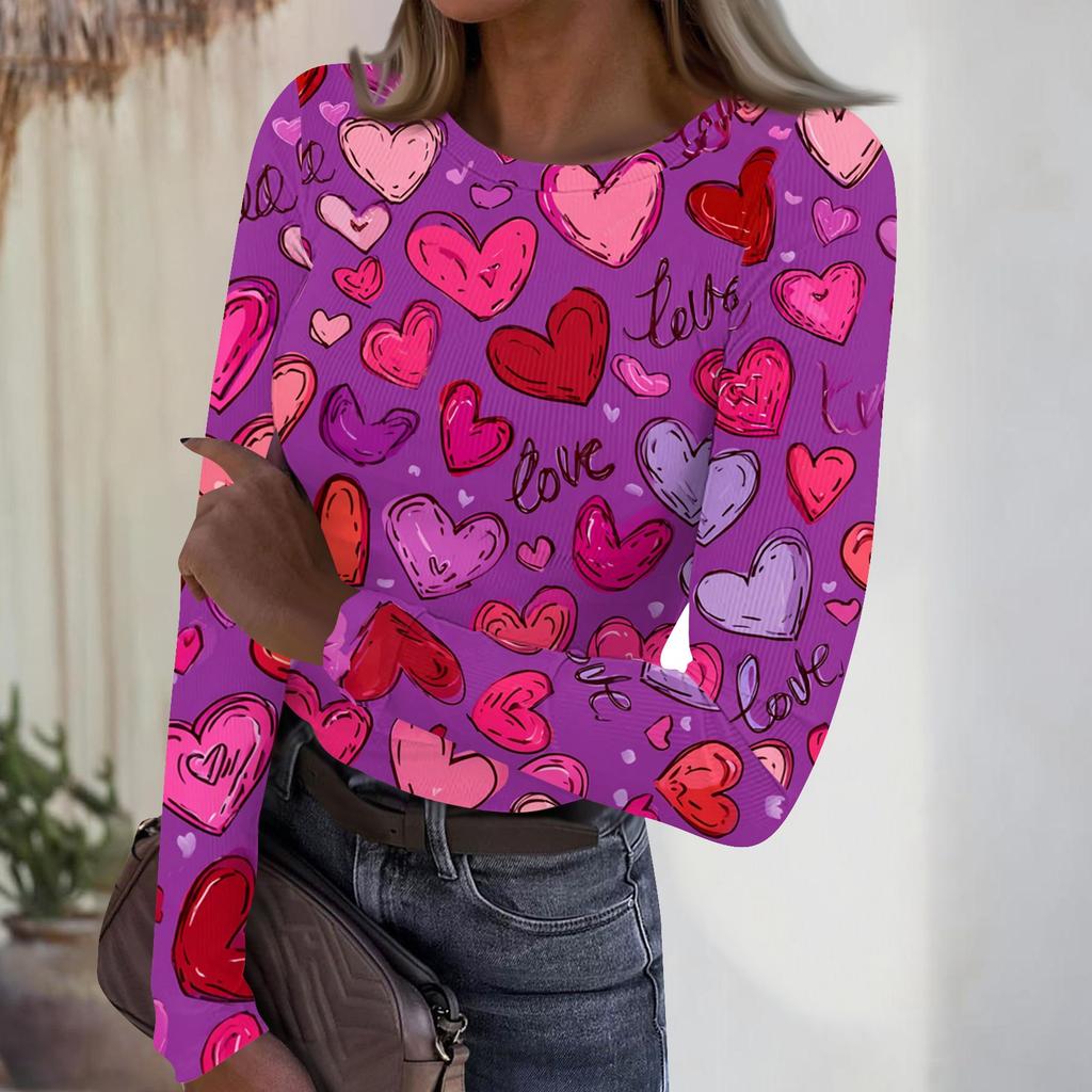 Haut côtelé décontracté et tendance pour femme, à col rond et manches longues, avec imprimé Saint-Valentin.