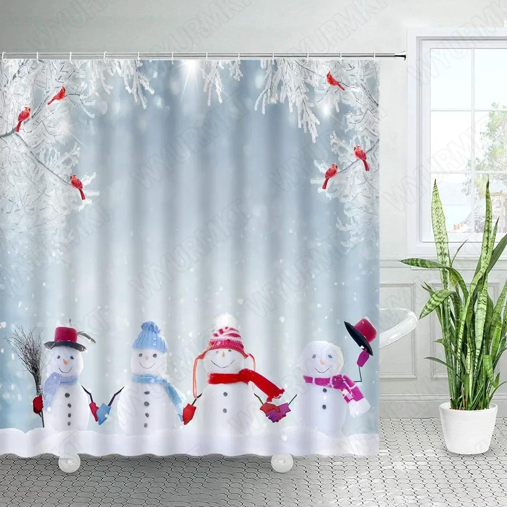 Christmas Shower Curtains Cute Snowman Birds Pine Trees Winter Forest Landscape Xmas Bathroom Decor Fabric Bath Curtain Sets