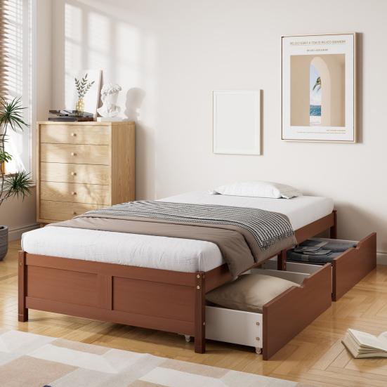 Children Bed, Flat Bed, Wooden Bed, Vintage Wood Color, Two Drawers with Castors, Adolescents And Adults, Pine Frame, Sturdy Slatted Frame, 90x200cm