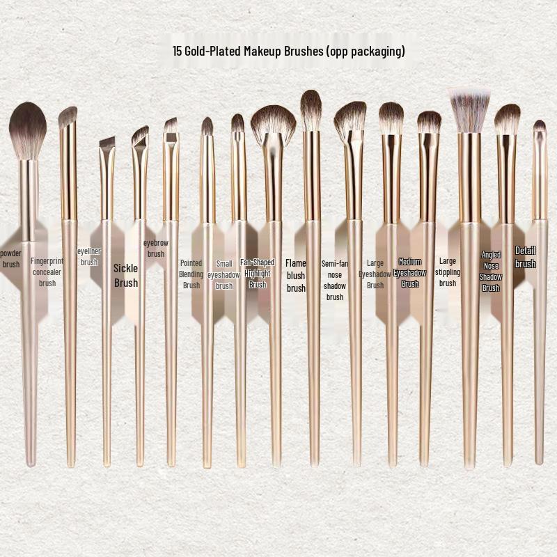 15-Piece Golden Eyeshadow Brush Set - Soft Hair Detail Brushes for Nose Shadow and Blending.