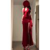 Summer French-Style Red Dress for Women, Slim-Fit Gown with a Flattering Waist, Elegant Slit Dress, Long Dress