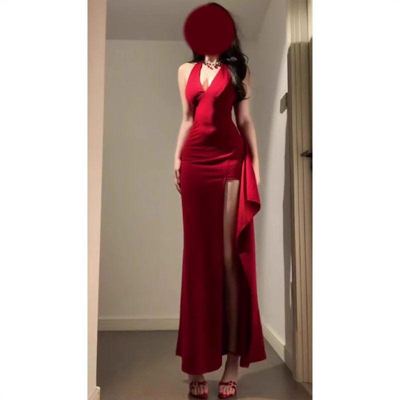 Summer French-Style Red Dress for Women, Slim-Fit Gown with a Flattering Waist, Elegant Slit Dress, Long Dress