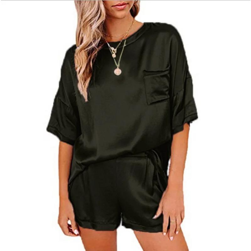 Women's Clothing Solid Color Imitation Silk Pajamas Short-Sleeved Shorts Irregular Two-Piece Suit Solid Color Homewear Set