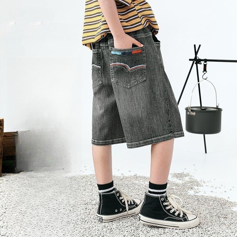 

Летние джинсы из тенселя лиоцелла для мальчиков, средней длины, зауженные, укороченные, легкие, средней длины, свободные, повседневные штаны 140 серый