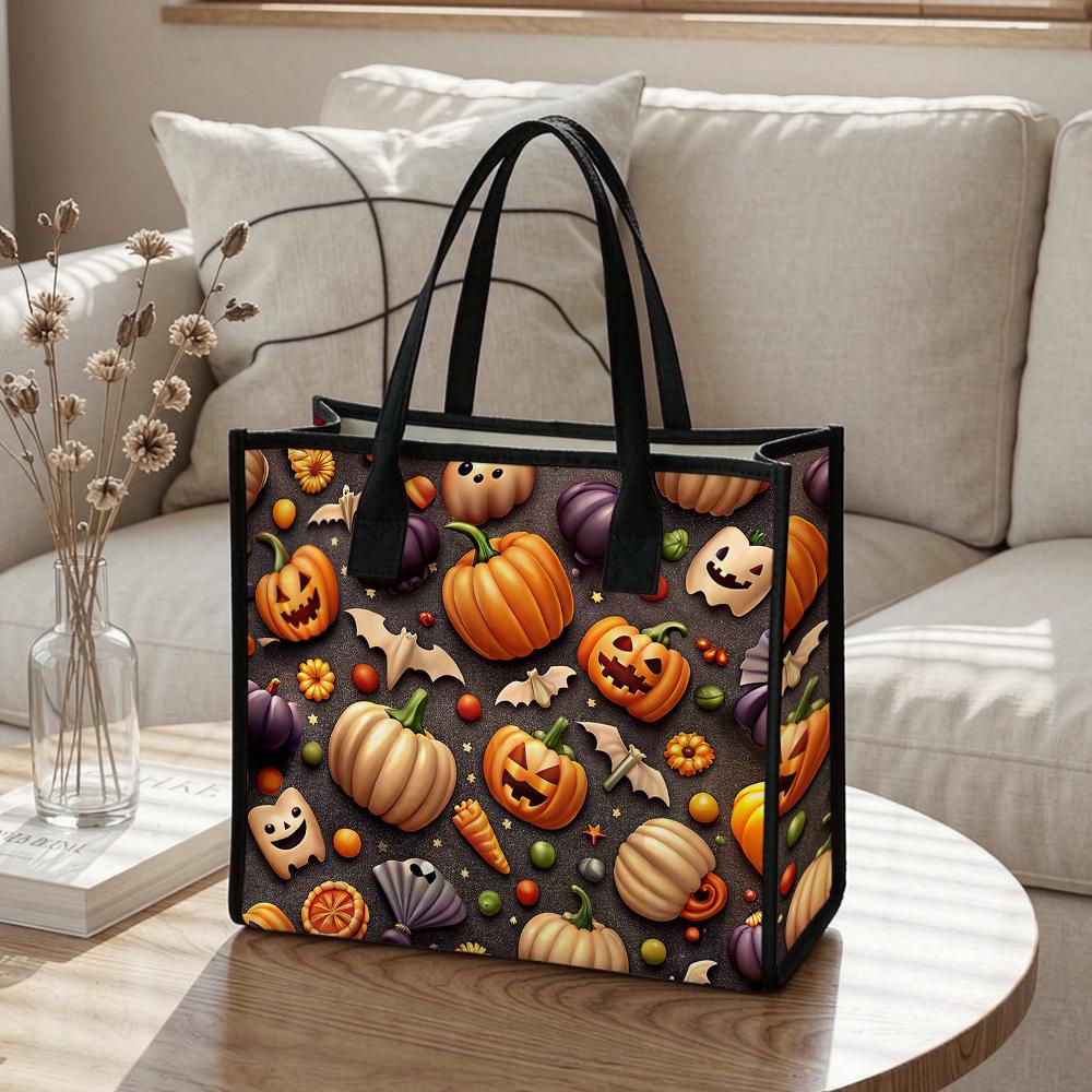 Cute Halloween Pumpkin Ghost Print Casual Tote Bag for Daily Shopping Use