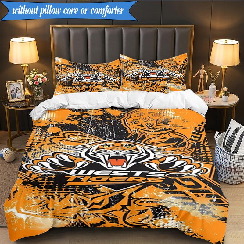 3PCS Wests Tigers Roar Strength And Pride Bedding Set 2D Printing (Includes 1 Duvet Cover + 2 Pillowcases Coreless), Bedroom decor,Fan gift