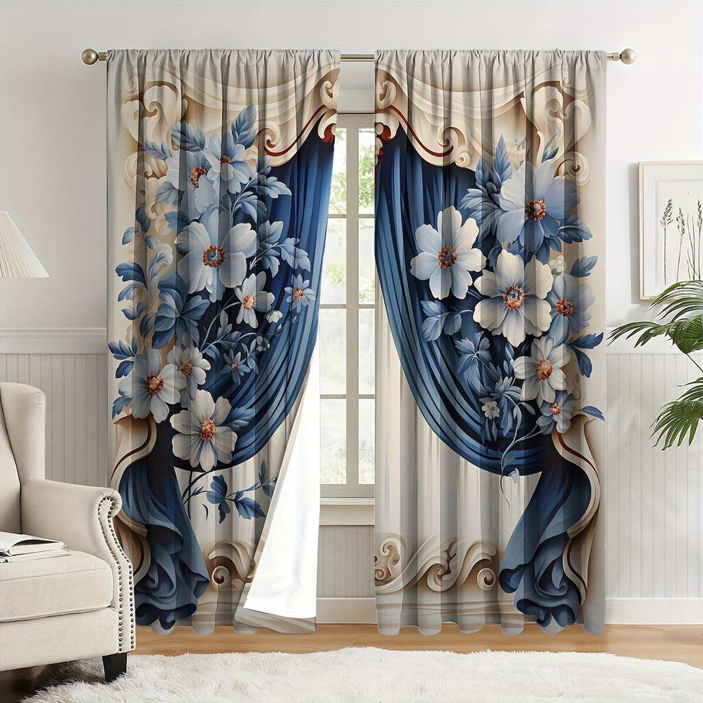 

2PCS Palace Transparent Blue Flower Printed Curtains with Polyester Rod Bag Material Design, Bedroom, Home Decoration 53x116CM-2PC