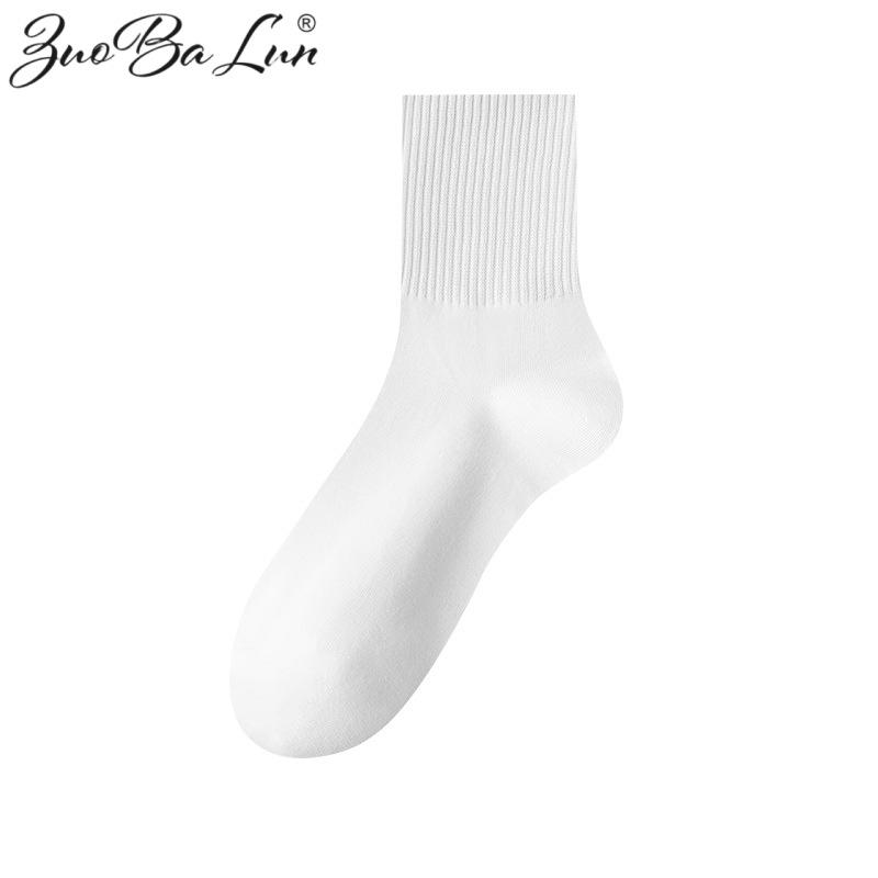 Unisex Black & White Korean Style Mid-Calf Cotton Socks - Sweat-Absorbent, Solid Color, Perfect for All Seasons