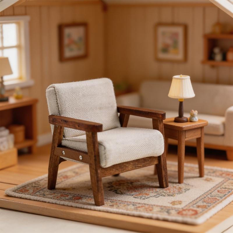 Model Home Furniture Chair 1:12 Scale Wood Frame, Padded Fabric Seat for Small Living Room Layouts and Builds Use