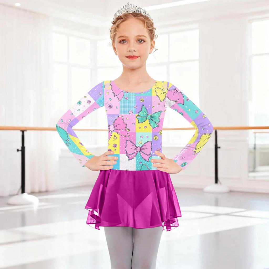 Girls Long Sleeve Floral and Print Patchwork Dress Mesh Skirt Leotard Dancewear for Gymnastics Performance