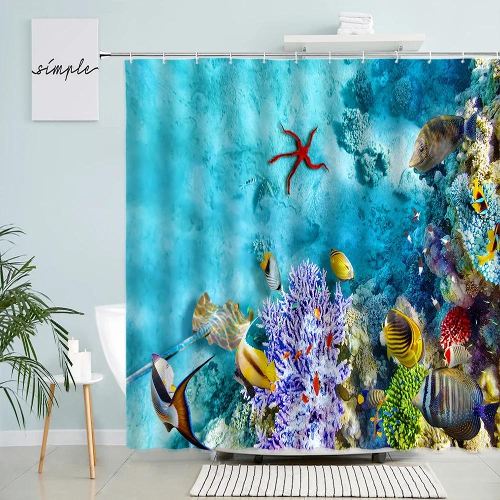 Dolphin Shark Shower Curtain Coral Tropical Fish Sea Turtle Underwater World Landscape Modern Children Bathroom Curtains Decor