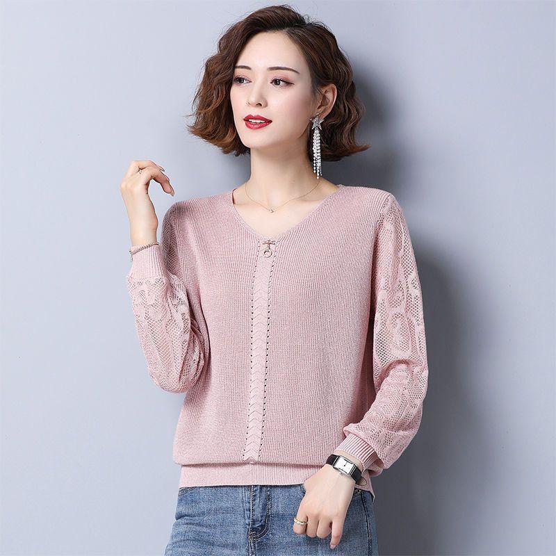 V-neck Sweater for Women Stylish Thin Knitted Sweater Solid Color Casual Pullover Top Loose Autumn Sweater