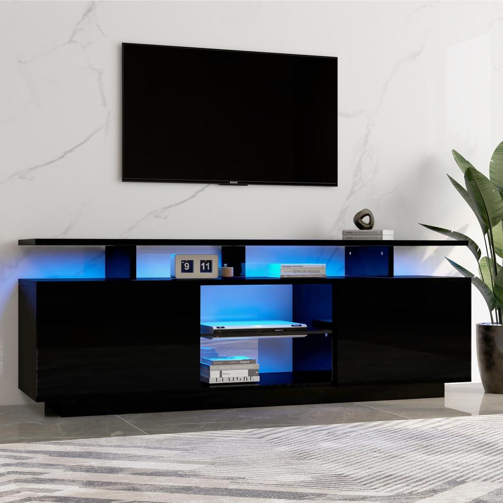TV Board TV Cabinet High Gloss Lowboard TV Stand Television Up To 60 Inches, Flap Door, Glass Shelf, Handleless Design, 140cm, Living Room, Black