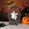 Handmade Resin Ghost Statue On Tree Swing Halloween Decor, Spooky Figurine with Vintage Detailed Sculpture for Office Base, Festive Party Tabletop