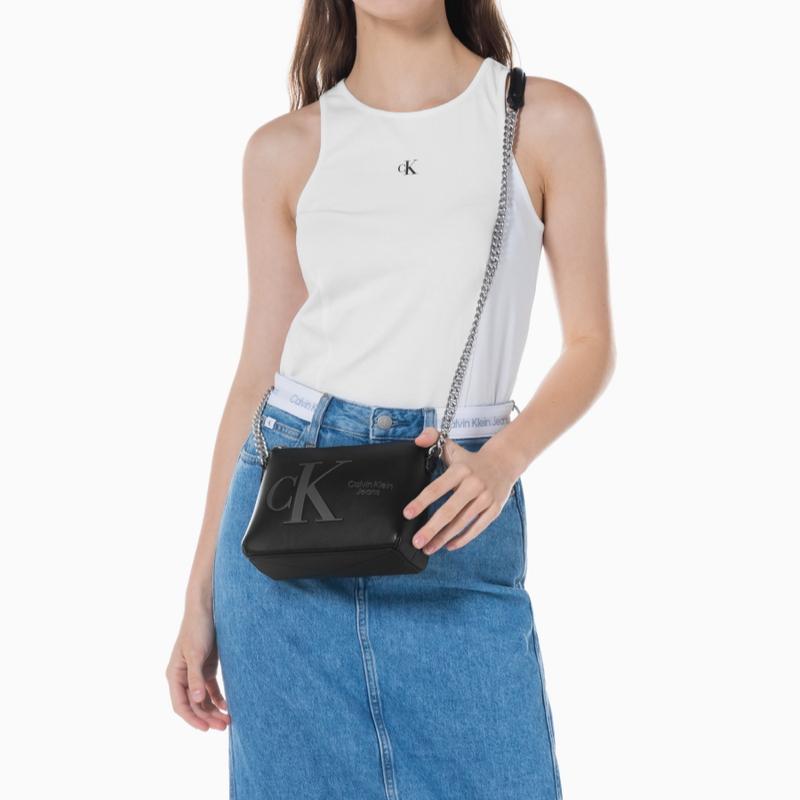 Calvin Klein Brand Logo Zipper Closure Synthetic Material Shoulder Crossbody Bag Women's Black