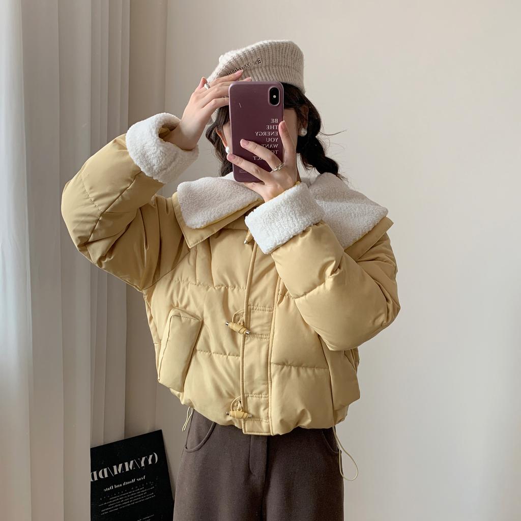 Winter 2025 new Korean lambswool patchwork warm cotton jacket women's short thickened lapel cotton jacket
