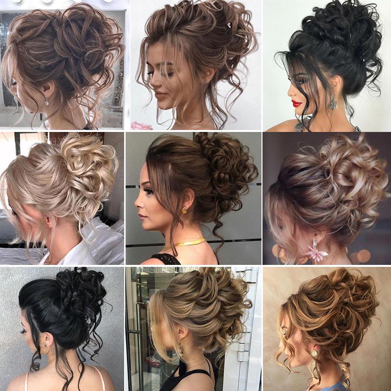 Unordentlicher Dutt Haarteil Wellig Lockig Synthetisch Hochsteckfrisur Chignon Fake Scrunchies Pferdeschwanzverlängerung für Damen Dunkelbraun