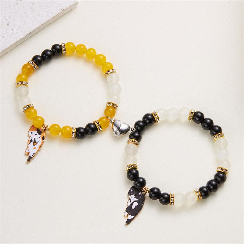 2Pcs Cute Cat Pendant Jewelry Matching Magnetic Couple Bracelets For Lovers Natural Stone Beaded Bangles Valentine Gift