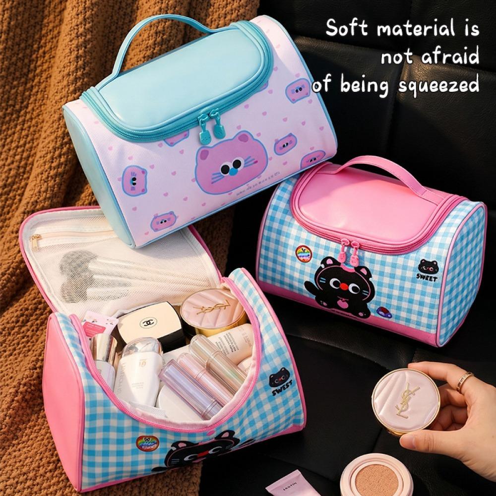 Cute Cat Storage Bag Student Portable Toiletry Bag Travel Storage Bag Cartoon Checkered Color-Block Handheld Makeup Bag