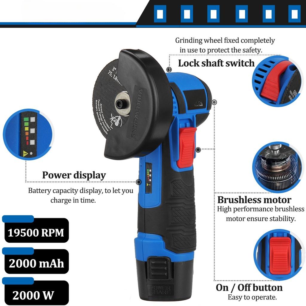 12V Electric Power Cutter with Cutting Wheels Battery Brushless Angle Grinder 2000W Mini Cordless Polishing Grinding Machine