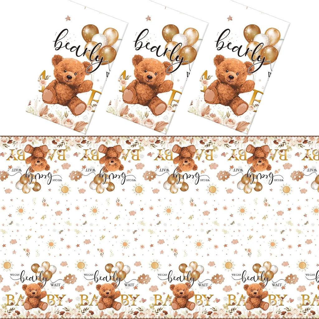 Tatuo 3 Pcs Bear Baby Shower Decorations Tablecloth We Can Bearly Wait Bear Table Cover Balloon Plastic Tablecloth for Birthday Baby Shower Party
