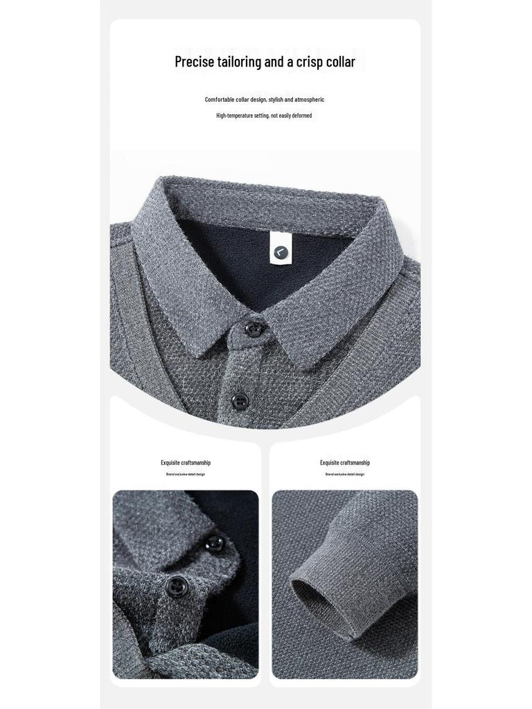 Men's Winter Knitwear Sweater: Thickened, Faux Two-Piece Design, Velvet-Lined, Long Sleeve with Shirt Collar.