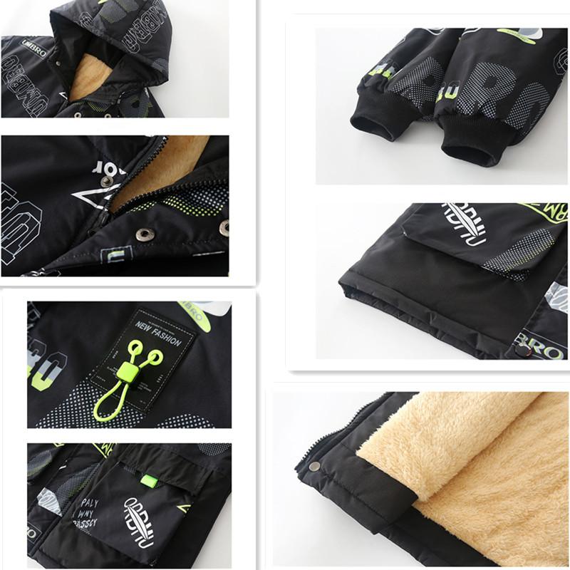 Chłopięca zimowa kurtka z podszewką Moda Plus Aksamit Kaptur Ciepły Płaszcz Nadruk Liter Naszywka Patchwork Odzież Wierzchnia Dziecięca Trencz