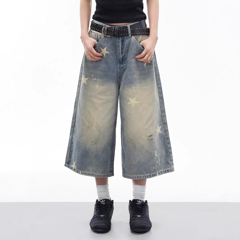 Denim Cropped Pants Men's American Retro Ripped Star Print Medium Pants Loose Washed Wide-leg Shorts