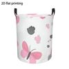 Round Laundry Hamper with Light Pink Butterfly Element and Fresh Pattern Print, Foldable Multi-functional Polyester Fiber Fabric Storage Box, Decorati
