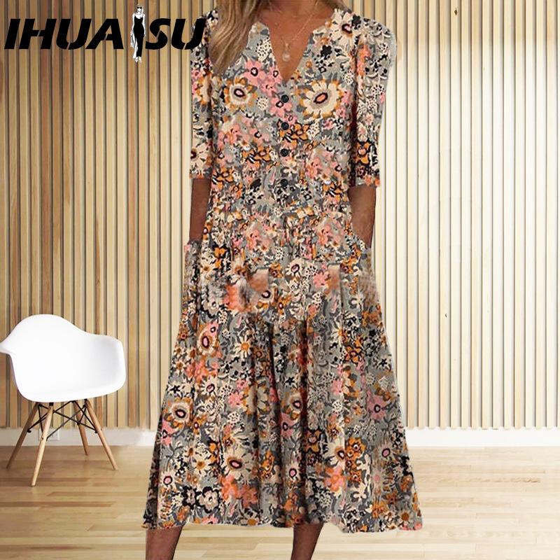 IHUASU Vestidos Elegantes Femininos Decote V Manga Curta Botão Vestido de Festa Feminino Verão Estampa Vintage Vestido Casual Solto Floral Vestidos Femininos