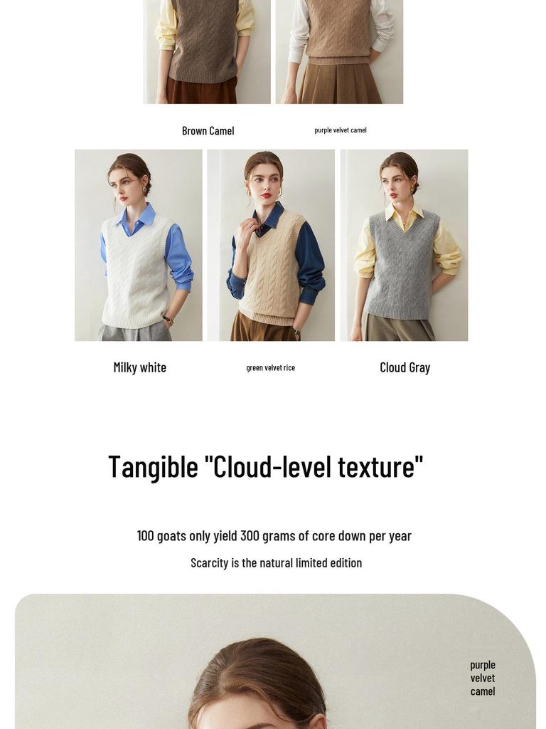 Pure Cashmere V-Neck Cable Knit Vest for Autumn & Winter