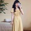 French square neck bubble sleeve yellow floral dress children's summer new design waist long dress women