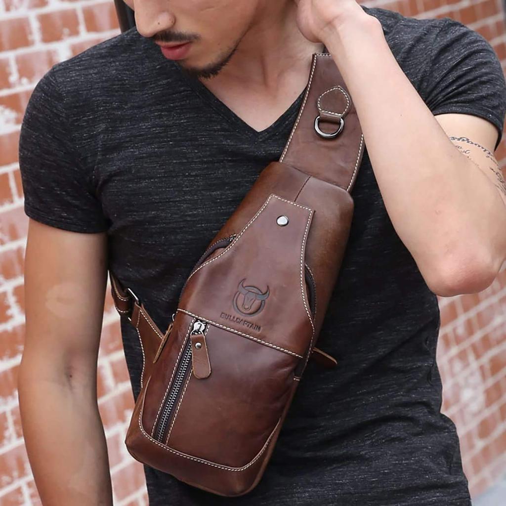 XMSSAA Genuine Leather Crossbody Shoulder Large Chest Fits iPad Mini Men's Bag, Bag, Stylish, Lightweight, Capacity, One-Shoulder Bag, (Brown)