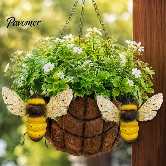 Metal Bee Wall Art 2PCS 3D Decor, Iron Sculpture Hanging Theme Garden Gift Ornament, Weatherproof Outdoor Decor for Patio Yard Fence Insect