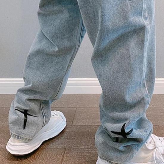 Spring Autumn Denim Pants Star Pattern Solid Color Zipper Fly Wide Leg Loose Jeans Streetwear