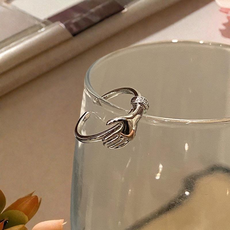 Simple Hand Holding Open Ring Niche High-End Couple Hug Hand Ring