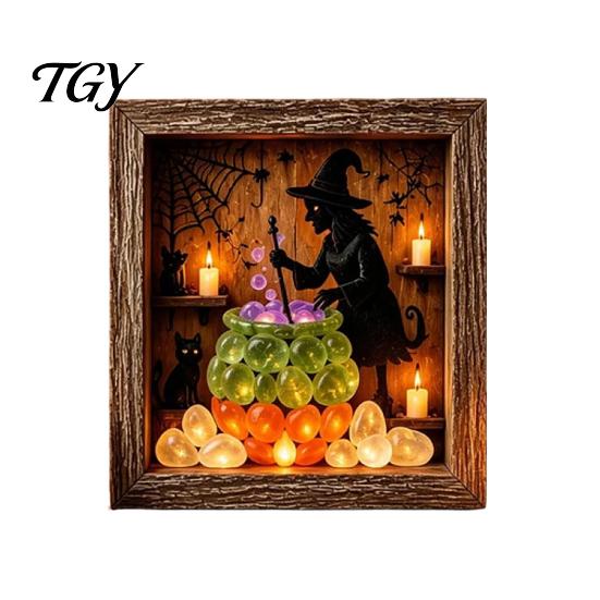 DIY Memory Box Display Lighted Halloween Ghost Shadow Kit, Wooden Frame LED Warm Light, Gothic Decorative Lamp with Crystal Glass Panel, Night