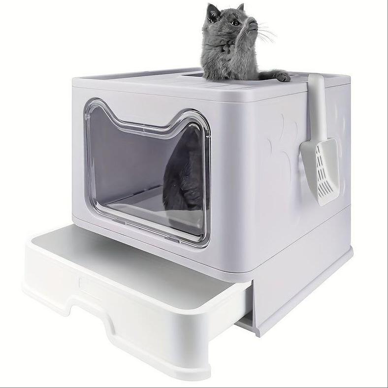 

Очень большой кошачий лоток, кошачий туалет, брызгозащищенный, выдвижной, для домашних животных, для использования в помещении или на улице серый