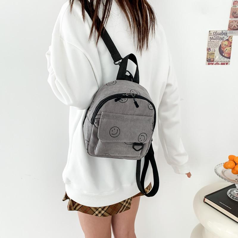 Smiley Face Cotton Backpack for Women, Soft Wavy Quilted Shoulder Bag with Handle, Street Style Casual Daypack