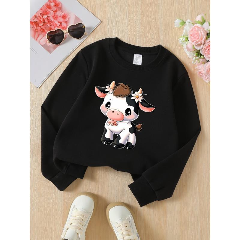 European sizes Kids Sweatshirts, Girls' Autumn Winter Cute Cartoon Cow Print Long Sleeve Round Neck Sweatshirt, Casual Daily Wear.
