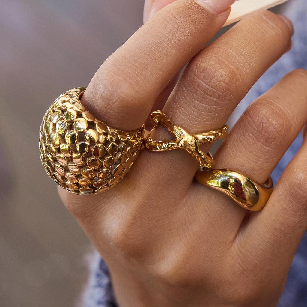 Uworld Unique Designer Gold Color Plated Mesh Hollow Spherical Exaggerated Rings Waterproof Stainless Steel Women Jewelry