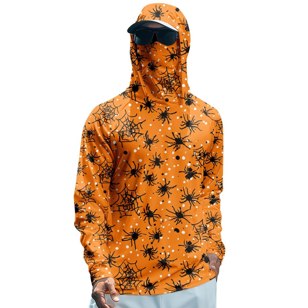 Funktions-Angel-Raglan-Hoodie für Herren mit Halloween-Print - UV-Schutz 50+ Langarm-Sonnenschutzshirt mit Mesh-Visier