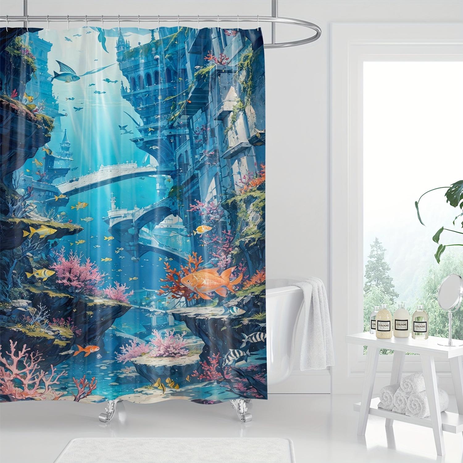

Художественный Подводный Городской Пейзаж Шторка для Душа, Яркий Принт Морских Обитателей, Водонепроницаемый Полиэстер, Декор для Ванной на Все Сезоны W90xH180cm