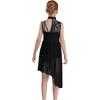 Girls Sleeveless Mock Neck Leotard Dress – Asymmetrical Shoulder Floral Lace with Rhinestones, Irregular Hem for Lyric Dance