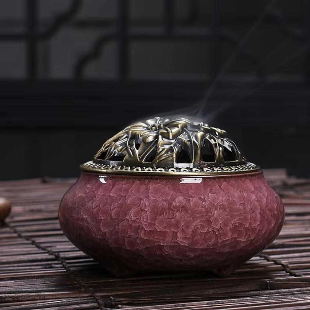 New Ceramic Incense Burner Copper Cover Ice Crack Incense Plate Antique Alloy Sandalwood Stove Home Decoration
