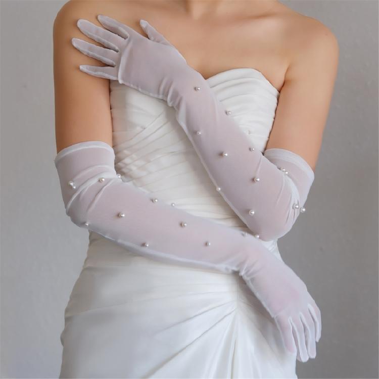 Elegant Gloves Pearls Full Finger for Proms Concert Evening Banquet Accessory Long Gloves for Bride and Bridesmaids