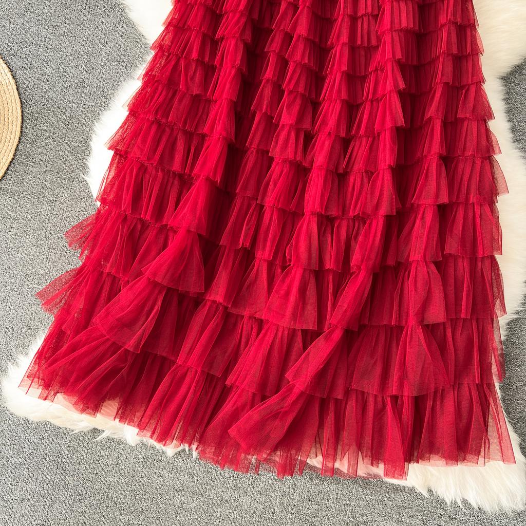 Summer Women Elegant Ruffles Mesh Elstic Waist Long Midi Cake Skirt