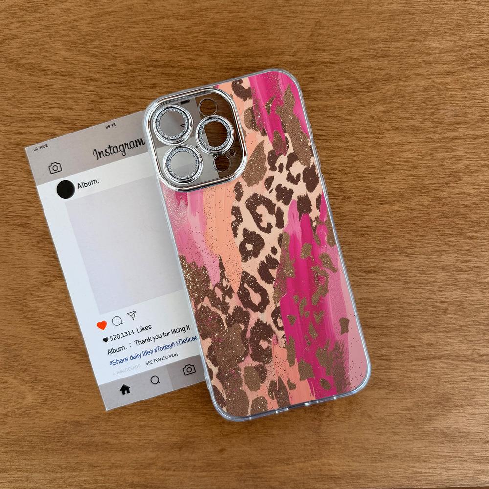 Rose Red Leopard Print Acrylic Compatible for 15/14 for 17 AIR Glitter Pink Lens Drop-Resistant Phone Case