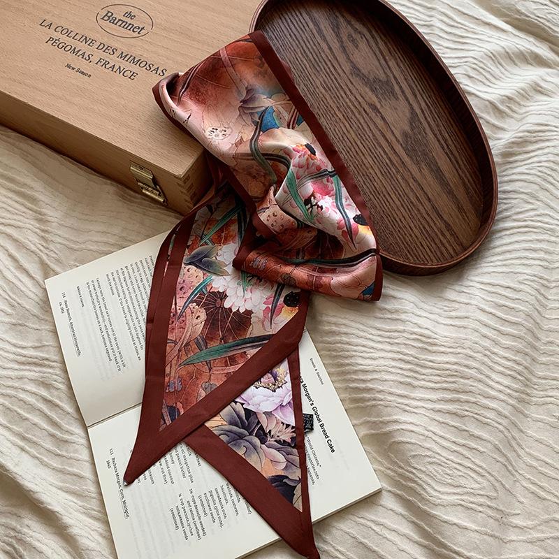 Silk scarf, long strip, high-end summer new neck protector, matching shirt, peony scarf, scarf, headscarf, headband, streamer.